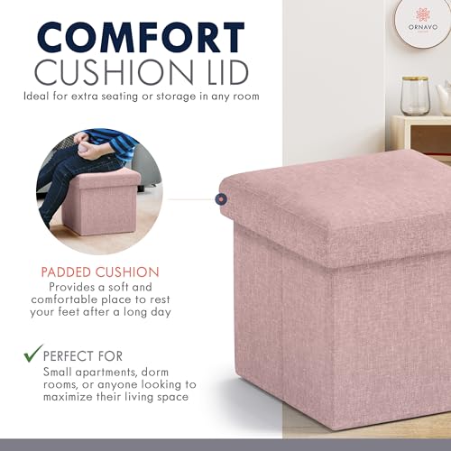Ornavo Home Small Storage Ottoman Foldable Collapsible Cube Square Linen Ottoman Foot Rest Stool Seat, for Living Room, Bedroom, Home Office, Dorm - 12 x 12 x 12, Pink - color: Pink