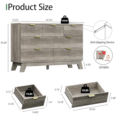 Xixini Fluted Dresser for Bedroom with 7 Drawers, 48" Wide Modern Chest of Drawers with Metal Handle, Wood Dresser TV Stand, Wooden Closet Clothes Storage Organizer for Living Room, Hallway, Grey - color: Grey, size: 15.6"D x 47.2"W x 30.5"H (7 Drawers)