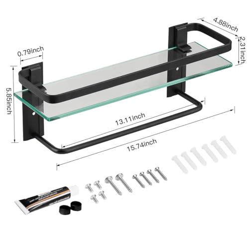 VOLPONE Bathroom Glass Shelf with Towel Bar Black Bathroom Shelf Wall Mount Rustproof Bathroom Wall Organizer Towel Rails1 Tier (Black) - style: 1 tier with towel bar black
