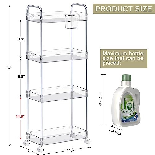 SPACEKEEPER Acrylic Rolling Storage Cart 4 Tier Clear Bathroom Cart Organizer, Transparency Rolling Utility Cart Laundry Room Organization Multifunction Mobile Shelving Unit for Office, Living Room - size: 4 Tier