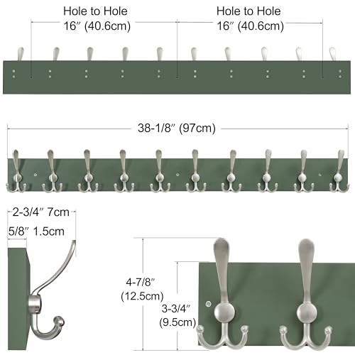 SKOLOO Creations Forest Green Solid Wood Wall Mounted Coat Rack, 10 Hooks, 38-1/8" Long - Kitchen, Mudroom, Entryway, Bathroom - Includes Mounting Hardware, Wall Coat Hanger, Towel Rack - color: Forest Green Plates & Nickel Hook, size: 1 Item-10 Hooks