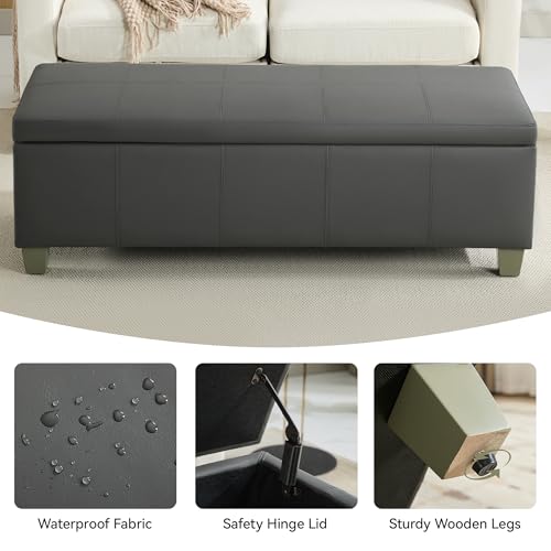 WUTUTUEE 51" Faux Leather Storage Ottoman, Stitch Tufted Rectangle Upholstered End of Bed Storage Bench, Entryway Large Couch Ottoman with Wooden Legs,Dark Grey - color: Dark Grey, size: 51 Inch