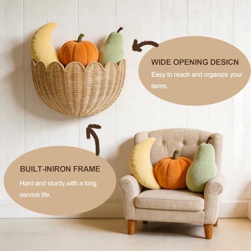 Scalloped Rattan Wall Basket - Handmade Wicker Hanging Decor，Toys Towels & Plants Versatile Storage Basket Bathroom Living Room & Entryway Natural Rattan Wall Decor