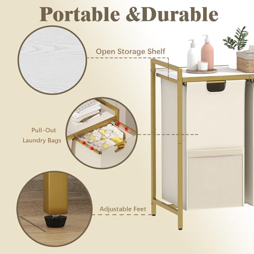 Huhote Laundry Hamper, double Laundry Basket, Laundry Sorter with Top Shelf & 2 Removable Washable Bags & Side Pockets for Laundry Room organization, Bathroom and Dorm, Gold and White - color: 2 bags-Gold