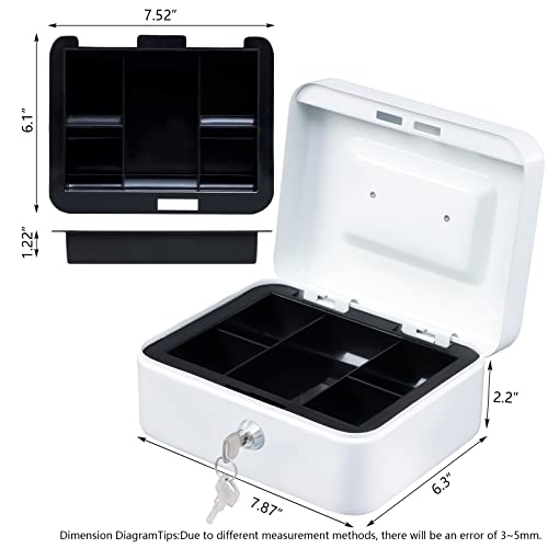 KYODOLED Medium Cash Box with Money Tray,Small Safe Lock Box with Key,Cash Drawer,7.87"x 6.30"x 3.54" White Medium - color: White, size: Medium