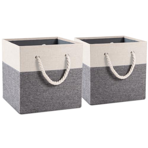 PRANDOM Large Foldable Cube Storage Bins 11x11 inch [2-Pack] Fabric Linen Storage Baskets Cubes Drawer with Cotton Handles Organizer for Shelves Nursery Closet Bedroom White and Grey - color: White and Grey, size: 11x11 inch(2-Pack)