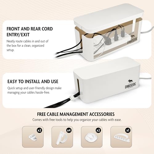 DMoose Cable Management Box - 2 Pack Medium & Large Cord Organizer for Desk & Floor - Cable Organizer Box for Child & Pet - Cable Box Hider for Tidy Office & Home, Power Strip Cover (White, Pack of 2) - color: Pack of 2 - White