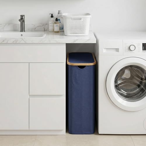 Slim Laundry Basket,60L Laundry Hamper with Lid, Tall Hamper for Laundry,Dirty Cloth Hamper with Bamboo Handle for Toys,Towels, Clothes Organizing, Navy Blue - color: Blue, size: 60L Slim