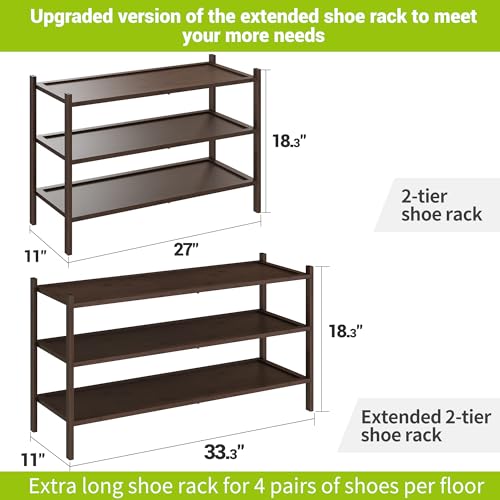 BMOSU 3-Tier Bamboo Extended Shoe Rack Premium Stackable Shoe Shelf Storage Organizer for Hallway Closet Living Room Entryway Organizer(Brown) - color: Brown, size: 3-Tier Long（33.3*11*18.3inches）