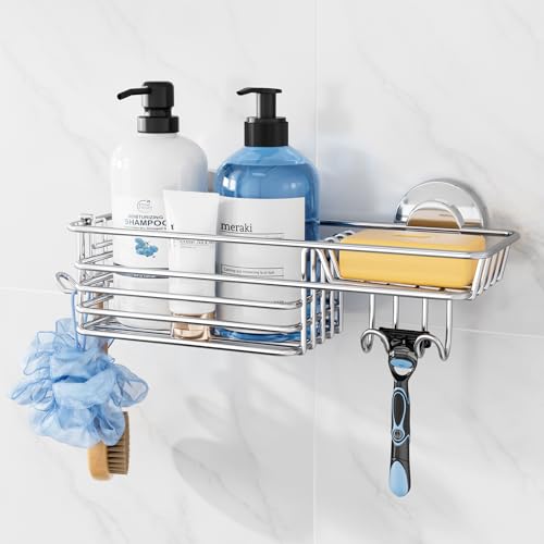 TAILI Shower Caddy Suction Cup with Hooks & Soap Holder, Heavy Duty Bathroom Shower Organizers, Removable Bathroom Shelves for Inside,Stainless Steel Bathroom Holder - style: 1 × Silver Basket
