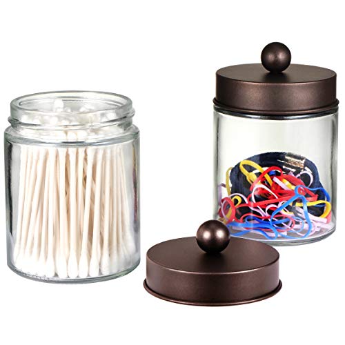Amolliar 4Pc Apothecary Jars Bathroom Vanity Storage Organizer Set -Countertop Canister with Stainless Steel Lids &Cute Stickers - Qtip Dispenser Holder for Qtips,Cotton Swabs,Makeup Sponges (Bronze) - color: Bronze