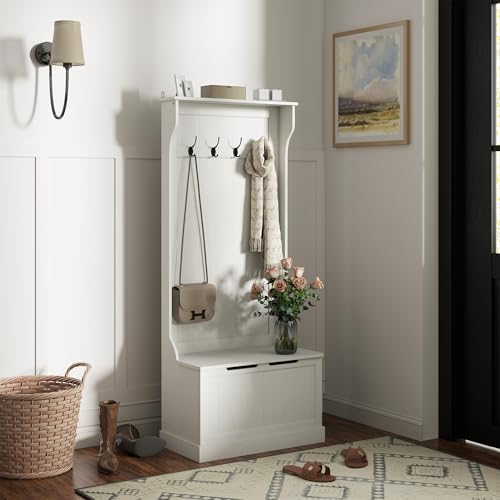 HOMCOM Hall Tree with Bench and Shoe Storage, 3-in-1 Entryway Bench with Coat Rack, 4 Hooks and Flip Top Storage Compartment, Cream White - color: Cream White, size: 28"
