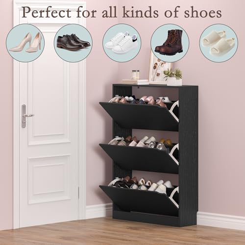 BORNOON Shoe Storage Cabinet with 3 Flip Drawers,Narrow Shoe Rack Cabinet,Freestanding Organizer Storage for Entryway, Hallway, Black - color: Black, size: 3 Drawers