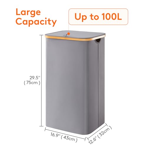 Lifewit 100L Laundry Basket with Lid, Clothes Hampers for Laundry with Bamboo Handles and 1 Removable Bag, Large Foldable Laundry Hamper for Bedroom, Bathroom, Dorm, Laundry Room, Gray - color: Gray, size: 100L