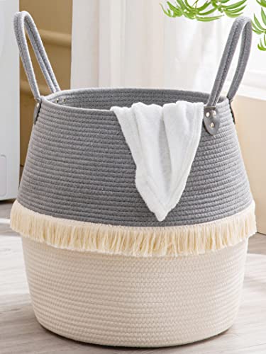 KAKAMAY Woven Baskets for Storage(17"x17"),Large Cotton Rope Woven Baby Laundry Hamper,Collapsible Laundry Basket, Blanket Basket for Organizing Living Room,Nursery,Pillows,Toy Chest(Grey) - color: Grey Fringe
