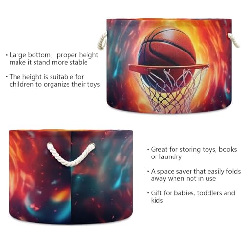 Basketball Print Round Storage Basket Abstract Fire Sports Ball Large Laundry Hamper 20 x 20 x 14 Inches Organizer Bin with Handles Clothes Storage Bag for Nursery Bedroom Living Room Decor - color: Orange