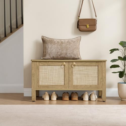 SICOTAS Rattan Shoe Rack Bench with Lift Top Storage: Farmhouse Boho Wide Shoe Cabinet Entryway Bench with Safety Hinges, Wooden Storage Chest for Bedroom, Entryway, Hallway, Living Room - color: Carbon Cherry