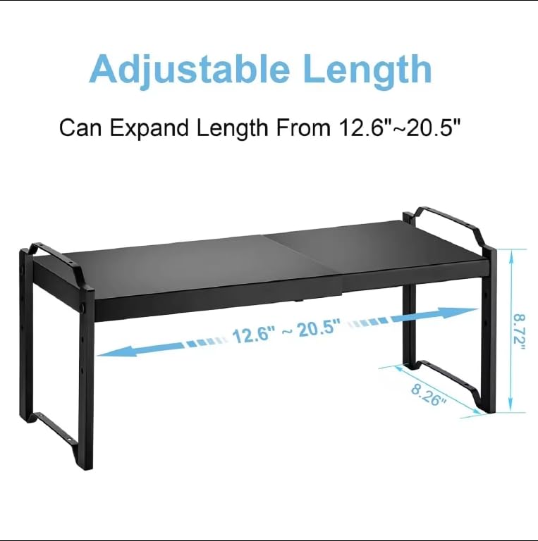 DABOS Expandable Kitchen Countertop Shelf Organizer, Black, Adjustable Height and Length, Metal Steel, 2-Pack