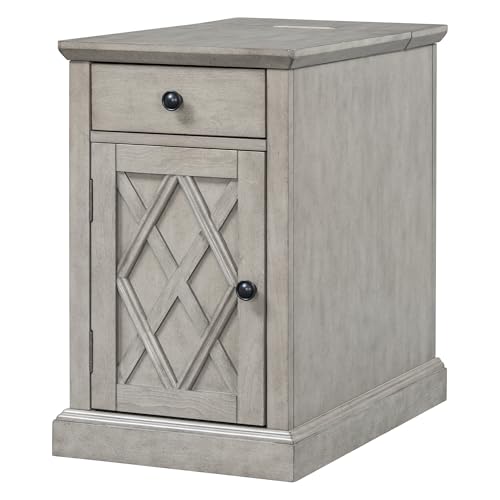 Multifunctional Classic Vintage End Table with USB Ports and 1 Drawer with Cup Holders, Sofa Side Narrow Table with Storage, Bedside Nightstand for Living Room Bedroom (Antique Gray-4.3) - color: Antique Gray-4.3