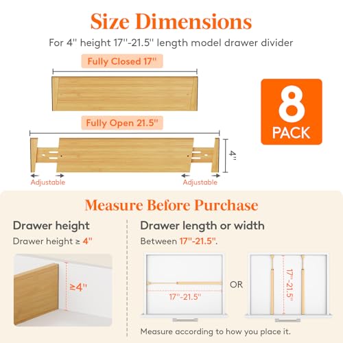 Lifewit 4" High 8 Pack Bamboo Drawer Dividers 43-54cm/17-21.5" Adjustable Wooden Drawer Organizer for Clothes/Utensils, Expandable Drawer Separator for Dresser/Kitchen/Bedroom/Office Organization - size: 4"H, 17-21.5"L