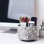 Round Leather Art Supply Organizer,Remote Control Holder,360-degree Rotating Pen Organizer with 4 Compartments(1-Marble Flower) - color: 1-Marble Flower