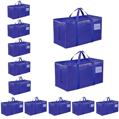 12 Pack-Extra Large Heavy Duty Moving Bags - Waterproof Storage Totes with Handles & Zippers, Foldable for College Dorm, Storage (Blue) - color: Blue, size: 12