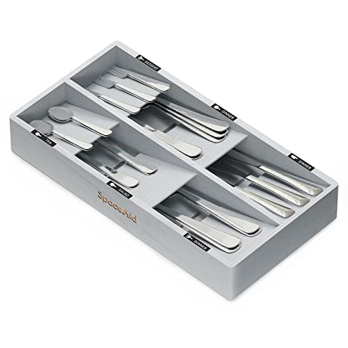 SpaceAid Bamboo Silverware Drawer Organizer with Labels, Kitchen Utensil Tray Holder Organizer for Flatware, Cutlery, Spoon and Knives Drawer Storage Organization (Gray, 6 Slots) - color: Gray