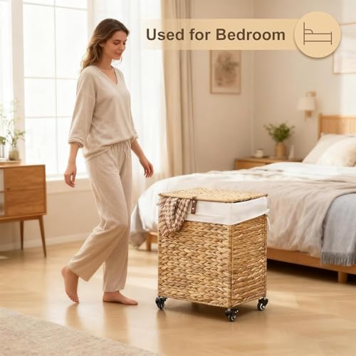 Rolling Laundry Hamper with Lid, Natural Water Hyacinth Basket with Removable Liner, Wheel or Non-Slip Installation Laundry Basket for Home Use (Natural, 65L) - color: Natural, size: 65L