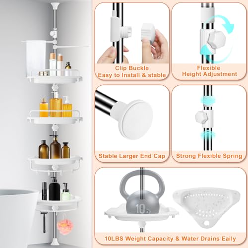Upgrade Sturdy Shower Caddy Tension Pole Corner Shower Caddy Bathroom Organizer 18/8 Stainless Steel Rustproof 4 Tier Adjustable Shelves for Bathtub Shampoo Accessories Storage Rack 32-122inch - color: White