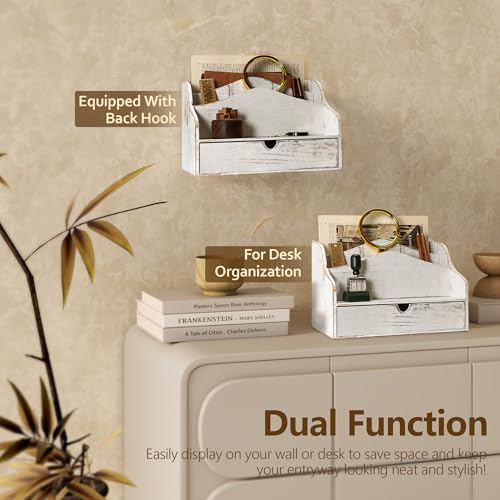 Pine Wooden Mail Organizer for Desk - Retro Farmhouse Mail Holder Countertop with Drawer & Dividers - 4-Slot Letter Holder for File & Office Accessories - Office Organizer for Home Decor (Whitewash) - color: A-Whitewash