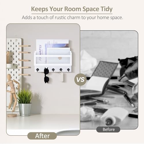 Nekon Mail and Key Holder for Wall Decorative, 11 Inch Wooden Wall Key Organizer with 5 Key Hooks, Wall Mount Storage Shelf for Entryway Hallway (White) - color: White