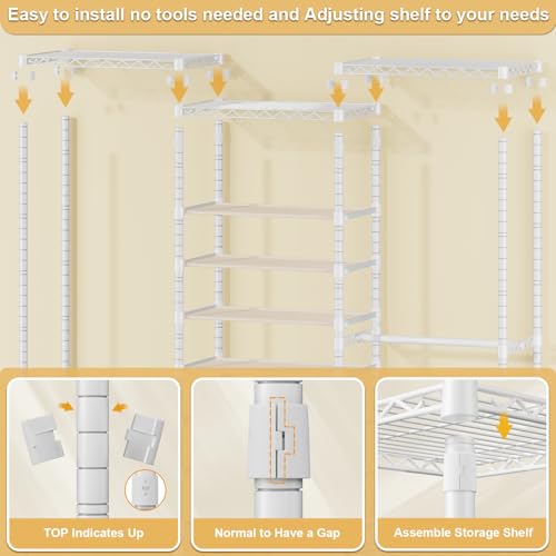 ULIFHOME E16 Heavy Duty Clothing Rack（With 7-Tier Adjustable Shoe Rack） Freestanding Clothes Rack for Hanging Clothes，Metal Closet Storage Organizer Large Wardrobe，69'' W x 15.8'' D x 76.2'' H，White - color: White