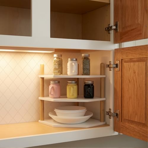 3-Tier Expandable Bamboo Corner Shelf - Dish/Plate Organizer for Cabinet, Kitchen Counter Shelf & Small Kitchen Shelf, Adjustable (White, 1-Pc 3.90" H) - color: 3.9"H-White-3