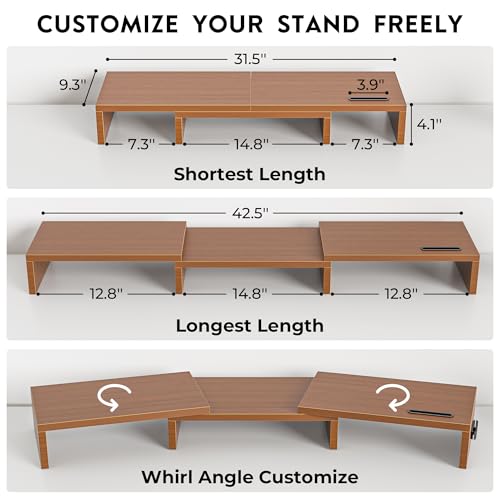 BONTEC Dual Monitor Stand Riser with Smartphone Holder, Adjustable Length & Swivel Angle, Ergonomic Wooden Desktop Organizer for PC Monitor, Laptop, Printer, Large Storage, Walnut - color: Walnut