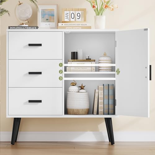 Iwell Storage Cabinet with 3 Drawers, Sideboard Buffet Cabinet with Adjustable Shelf, Freestanding Floor Storage Unit for Living Room, Entryway, Home Office, White - color: White