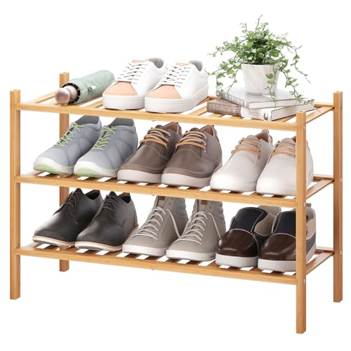 BMOSU 3-Tier Bamboo Shoe Rack Premium Stackable Shoe Shelf Storage Organizer for Hallway Closet Living Room Entryway Organizer (Natural Bamboo) - color: Natural Bamboo, size: 3-Tier（27*11*18.3inches）