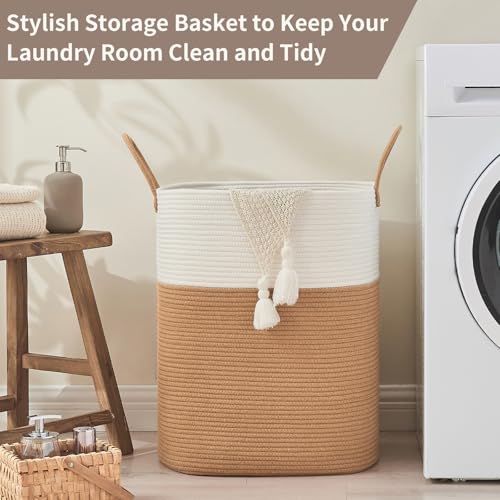 AINUOQI Laundry Basket with Handles - Blanket Basket & Hampers for Bedroom Aesthetic, Laundry Hamper & Blanket Storage for Living Room, Clothes Hamper, Tall, Large 17" x 14" x 22”, White & Jute - color: White & Jute, size: 85L