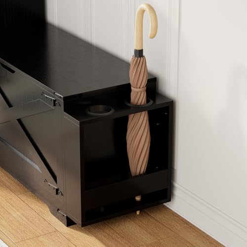 GOODONE 52" Farmhouse Shoe Cabinet with Bench, L-Shaped Shoe Storage Bench with Umbrella Stands, Tall Shoe Organizer Cabinet with Adjustable Shelves for Entryway, Living Room, and Stairwell(Black) - color: Black