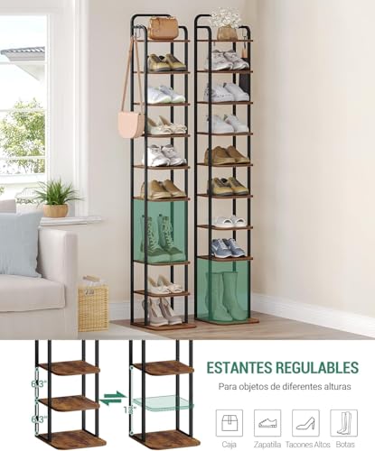Hzuaneri 10 Tiers Vertical Shoe Rack, Narrow Shoe Tower, Tall Shoes Shelf with 2 Hooks, Adjustable Shelves, Corner Shoes Shelves for Small Spaces, Entryway, Living Room, Rustic Brown SR11201B - color: Rustic Brown and Black, size: 10 Tier(11.8"D x 10.4"W