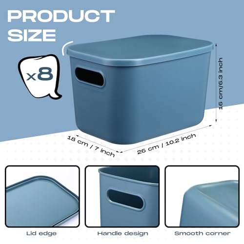 Hoolerry 8 Pieces Colorful Storage Bins with Lid, Plastic Storage Basket Organizing Container Stackable Box with Handle for Shelves Desktop Playroom Office(10.2 x 7 x 6.3 Inch,Blue) - color: Blue, size: 10.2 x 7 x 6.3 Inch