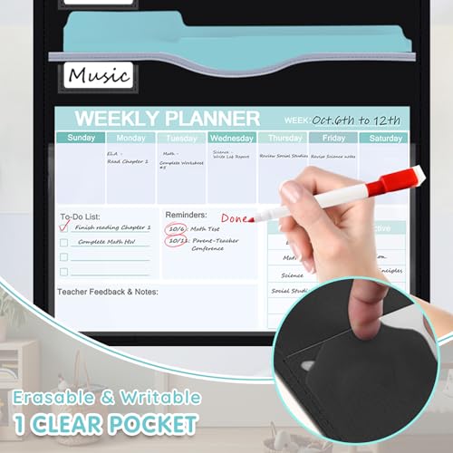 ALSLEA 8 Pockets Hanging Wall File Organizer 15" Extra Wide Pocket Chart for Classroom, Office, Home, Mail Organizer Wall Mounted with 1 Writable Clear Pocket, 5 Wall/ Door Hooks & 12 Labels (Black) - size: Medium (8 Pockets)
