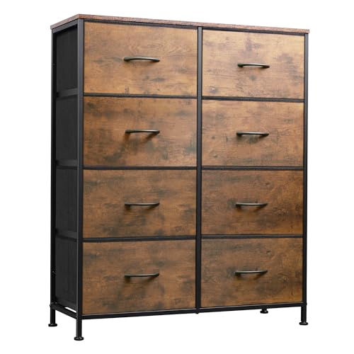 WLIVE Fabric Dresser for Bedroom, Tall Dresser with 8 Drawers, Storage Tower with Fabric Bins, Double Dressers, Chest of Drawers for Closet, Living Room, Hallway, Dorm, Rustic Brown Wood Grain Print - color: Rustic Brown Wood Grain Print, style: General