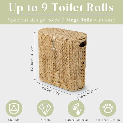 YANGQIHOME Toilet Paper Storage, Water Hyacinth Toilet Paper Storage with Lid, Papers Container for up to 9 Mega Rolls, Bathroom Basket Organizer - size: 9 Rolls