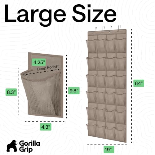 GORILLA GRIP Over the Door Shoe Organizer, 24 Large Breathable Mesh Pockets, Space Saving Hanging Storage Holder, Closet Rack Hanger Holds Up to 40 lbs, Hangs on Closets for Shoes, Accessories, Beige - color: Beige, size: 24 Pockets/4 Hooks