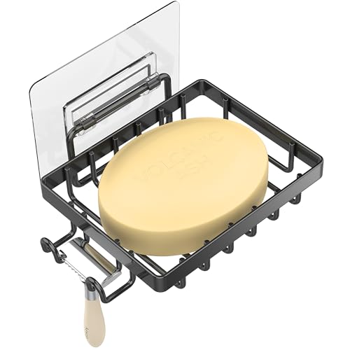 Moforoco Black Soap Dish, Soap Bar Holder for Shower, No Drilling Bathroom Accessories, Wall Mounted Soap Holder with Hooks, Shower Rack Tray Bar for Suitable for Bathroom, Kitchen Sink - color: Black, size: 1-T