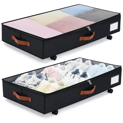 Under Bed Storage with Wheels Set of 2, Underbed Storage Container with Clear Lid Cover, 6.7 Inches Height Rolling Under Bed Drawer Storage Basket Bin Shoe Organizer for Cloth Sheet Sweater, Black - color: Black