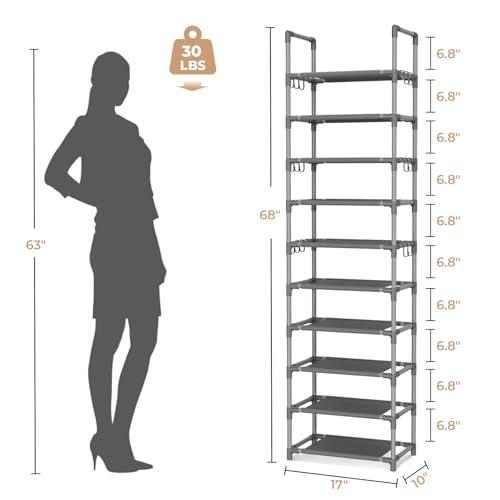 VTRIN 10 Tiers Tall Shoe Rack Holds 20-25 Pairs of Shoes Sturdy Vertical Shoe Organizer with 18pcs Hooks Stackable Narrow Shoe Rack for Closet, Entryway Grey - color: Grey, size: 17" Wide - 10 Tier