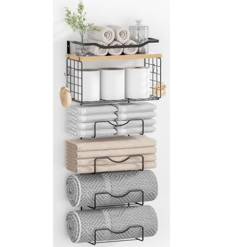 Towel Racks for Bathroom,Towel Rack Wall Mounted, 6 Tier Rolled Or Folded Towel Holder with Floating Shelves, Bathroom Towel Holder for Bath, Hand Towels,Metal,Walnut Wood Panel - color: Walnut Plack, size: J-type Black Rack