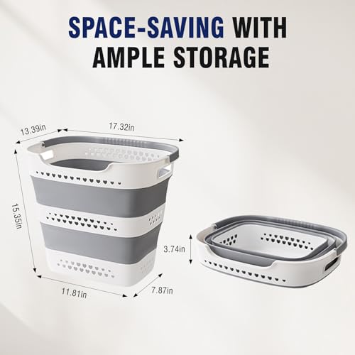 Collapsible Plastic Laundry Basket Hamper with Handles, Large 42L Portable Rubber Clothes Basket, Pop Up Storage Container/Organizer for Washing & Storage, Grey - color: Grey, size: 42L
