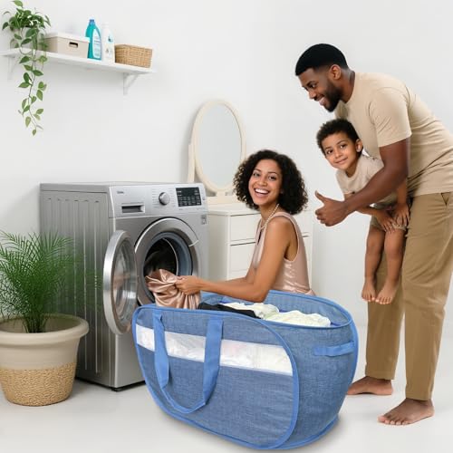 100L Mesh Pop Up Laundry Hampers with Handles, Extra Large Collapsible Laundry Baskets 2 Pack, Portable Travel Laundry Basket, Dirty Clothes Hamper Light Breathable, Bule. 2H - color: Blue, size: 2-Pack Horizontal